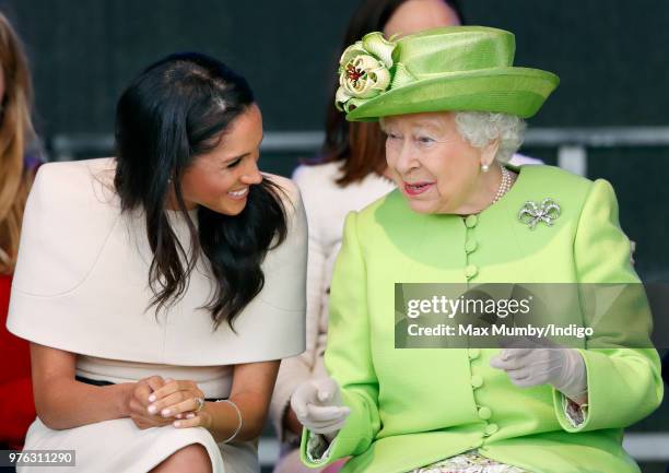 Meghan, Duchess of Sussex and Queen Elizabeth II attend a ceremony to open the new Mersey Gateway Bridge on June 14, 2018 in Widnes, England. Meghan...