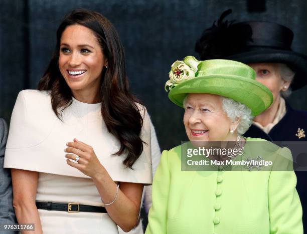 Meghan, Duchess of Sussex and Queen Elizabeth II attend a ceremony to open the new Mersey Gateway Bridge on June 14, 2018 in Widnes, England. Meghan...