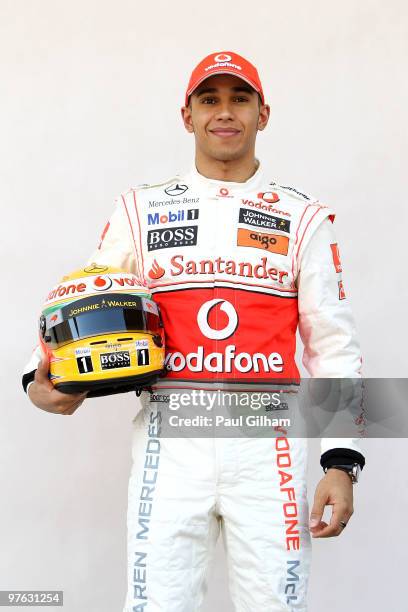 Lewis Hamilton of Great Britain and McLaren Mercedes attends the drivers official portrait session during previews to the Bahrain Formula One Grand...