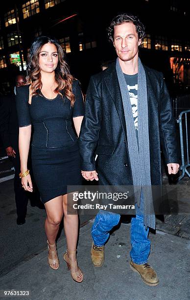 Actors Camila Alves and Matthew McConaughey enter Skylight Studio on March 10, 2010 in New York City.