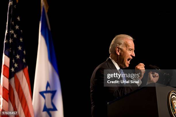 Vice President Joe Biden gestures during a speech, on March 11, 2010 at the Tel Aviv university, in Israel. American Vice-President Joe Biden is in...
