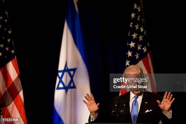 Vice President Joe Biden gestures during a speech, on March 11, 2010 at the Tel Aviv university, in Israel. American Vice-President Joe Biden is in...