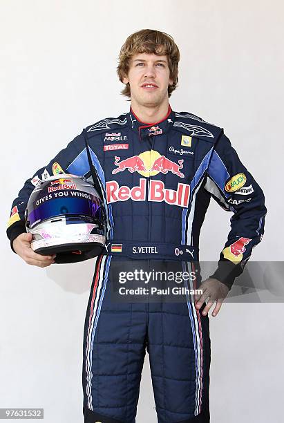 Sebastian Vettel of Germany and Red Bull Racing attends the drivers official portrait session during previews to the Bahrain Formula One Grand Prix...