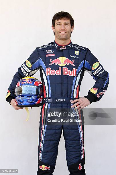 Mark Webber of Australia and Red Bull Racing attends the drivers official portrait session during previews to the Bahrain Formula One Grand Prix at...