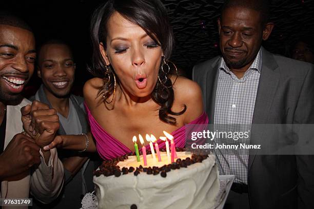 Joey Harris, AJ Crimson, Keisha Whitaker and Forest Whitaker attend Keisha Whitaker's birthday dinner at Juliet Supper Club on March 10, 2010 in New...