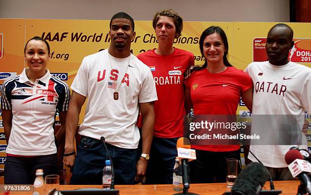 Jessica Ennis of Great Britain, Terrence Trammell of USA, Blanka Vlasic of Croatia, Yelena Isinbayeva of Russia and James Kwalia of Qatar during the...