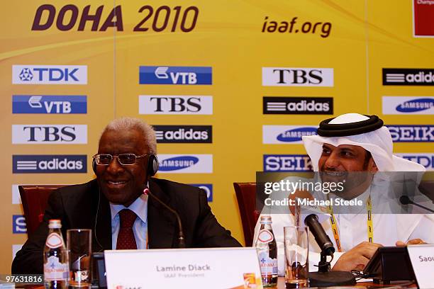 Lamine Diack President of Iaaf and H.E Sheikh Saoud Bin Abdulrahman Al Thani WIC Organising Committee President during the IAAF/IOC Press Conference...