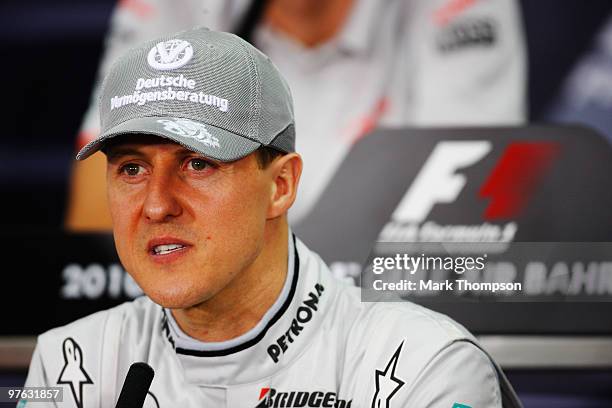 Michael Schumacher of Germany and Mercedes GP attends the drivers press conference during previews to the Bahrain Formula One Grand Prix at the...