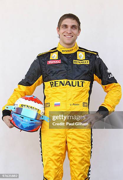 Vitaly Petrov of Russia and Renault attends the drivers official portrait session during previews to the Bahrain Formula One Grand Prix at the...