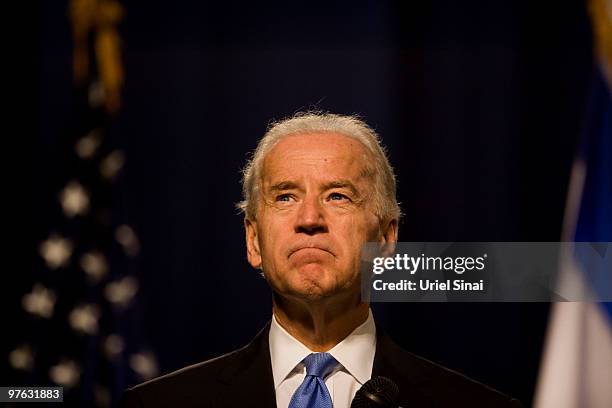 Vice President Joe Biden gestures during a speech, on March 11, 2010 at the Tel Aviv university, in Israel. American Vice-President Joe Biden is in...