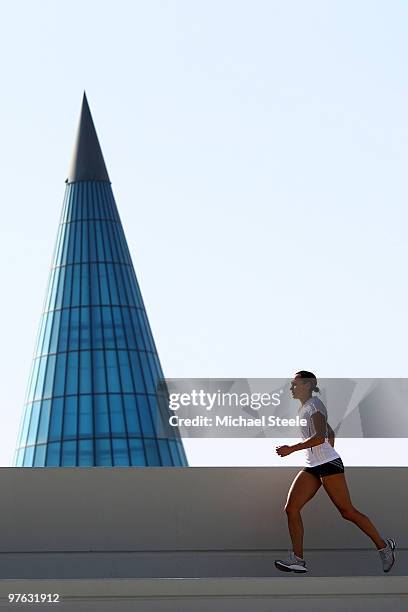 Jessica Ennis of Great Britain training at the Aspire complex ahead of the Iaaf World Indoor Championships at the Qatari Olympic Committee on March...