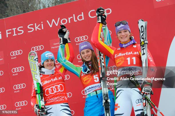 Tina Maze of Slovenia takes 1st place during the Audi FIS Alpine Ski World Cup Women's Giant Slalom on March 11, 2010 in Garmisch-Partenkirchen,...