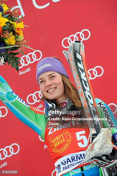 Tina Maze of Slovenia takes 1st place during the Audi FIS Alpine Ski World Cup Women's Giant Slalom on March 11, 2010 in Garmisch-Partenkirchen,...