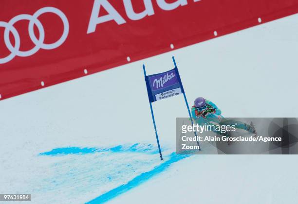 Tina Maze of Slovenia takes 1st place during the Audi FIS Alpine Ski World Cup Women's Giant Slalom on March 11, 2010 in Garmisch-Partenkirchen,...