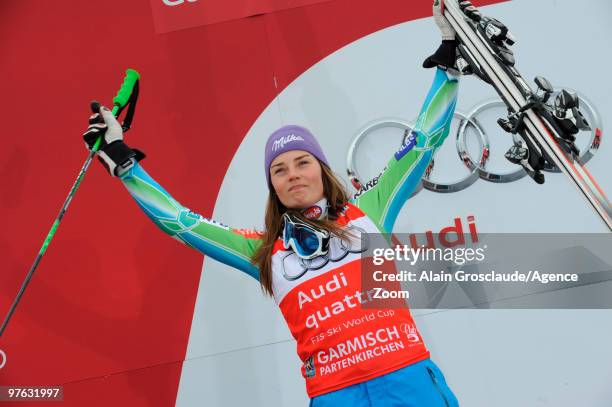 Tina Maze of Slovenia takes 1st place during the Audi FIS Alpine Ski World Cup Women's Giant Slalom on March 11, 2010 in Garmisch-Partenkirchen,...