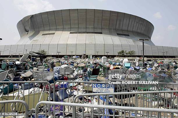 Trash is strewn outside the fully evacuated Superdome 05 September 2005 in New Orleans, LA. The complete evacuation of New Orleans was necessary,...