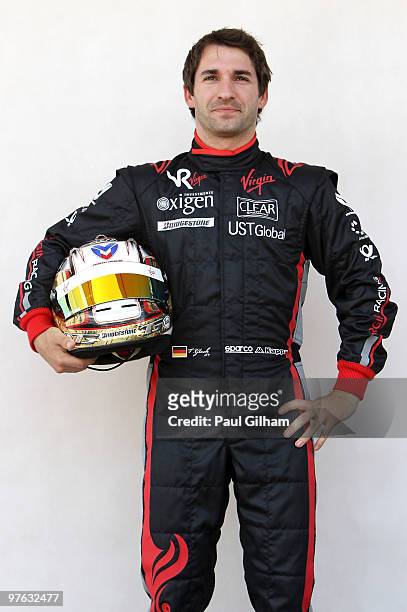 Timo Glock of Germany and Virgin GP attends the drivers official portrait session during previews to the Bahrain Formula One Grand Prix at the...
