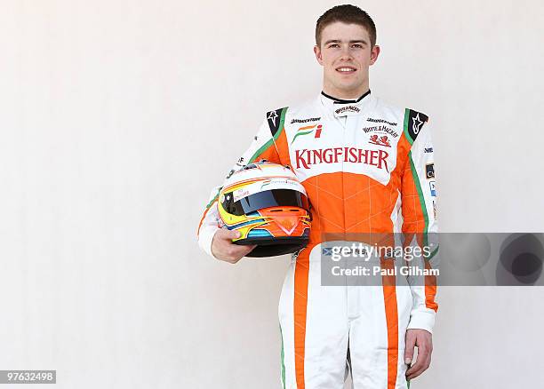 Paul Di Resta of Great Britain and Force India attends the drivers official portrait session during previews to the Bahrain Formula One Grand Prix at...