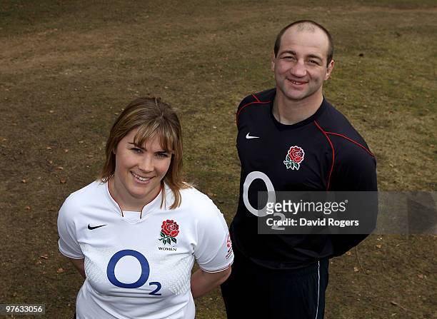 Steve Borthwick, the England captain poses with Catherine Spencer, the England Women's captain at Pennyhill Park on March 11, 2010 in Bagshot,...