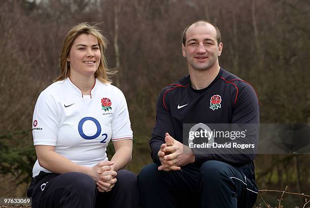 Steve Borthwick, the England captain poses with Catherine Spencer, the England Women's captain at Pennyhill Park on March 11, 2010 in Bagshot,...