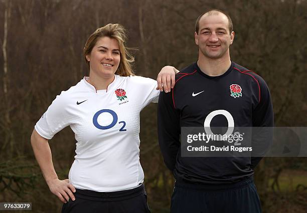 Steve Borthwick, the England captain poses with Catherine Spencer, the England Women's captain at Pennyhill Park on March 11, 2010 in Bagshot,...