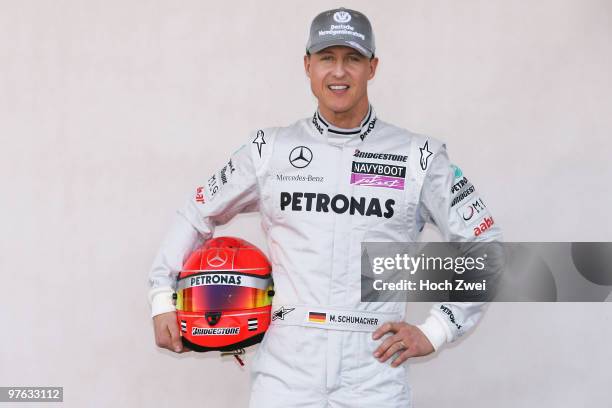 Michael Schumacher of Germany and Mercedes GP attends the drivers official portrait session during previews to the Bahrain Formula One Grand Prix at...