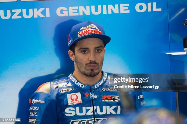 Andrea Iannone of Italy and Team Suzuki ECSTAR looks on in box during the qualifying practice during the MotoGp of Catalunya - Qualifying at Circuit...