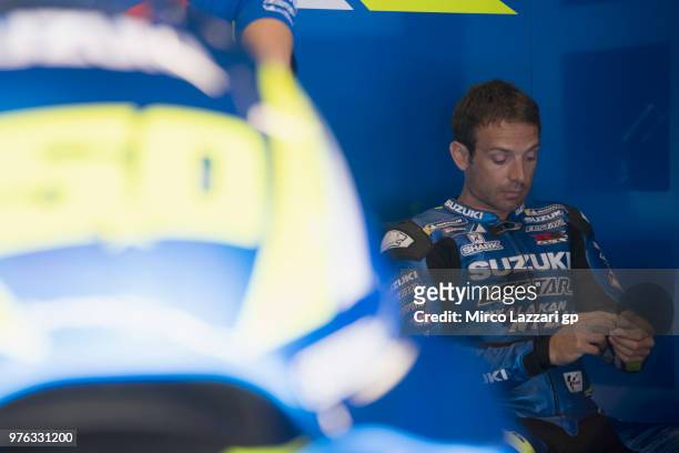 Sylvain Giuntoli of France and Team Suzuki ECSTAR prepares to start from box during the qualifying practice during the MotoGp of Catalunya -...