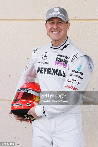 Michael Schumacher of Germany and Mercedes GP attends the drivers official portrait session during previews to the Bahrain Formula One Grand Prix at...