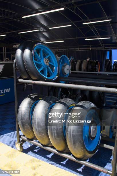 The Michelin tyres in paddock during the MotoGp of Catalunya - Qualifying at Circuit de Catalunya on June 16, 2018 in Montmelo, Spain.