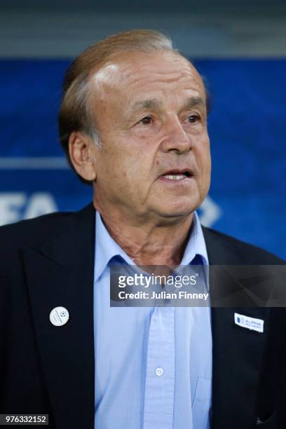 Gernot Rohr, Manager of Nigeria looks on prior to the 2018 FIFA World Cup Russia group D match between Croatia and Nigeria at Kaliningrad Stadium on...