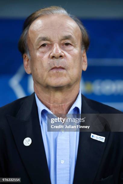 Gernot Rohr, Manager of Nigeria looks on prior to the 2018 FIFA World Cup Russia group D match between Croatia and Nigeria at Kaliningrad Stadium on...