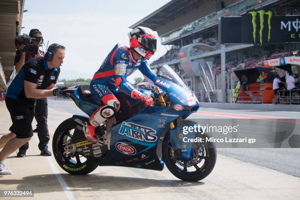 Mattia Pasini of Italy and Italtrans Racing starts from box during the qualifying practice during the MotoGp of Catalunya - Qualifying at Circuit de...