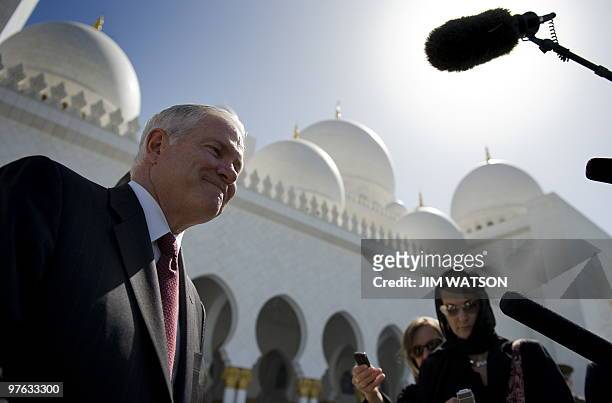Defence Secretary Robert Gates makes a statement to the press after touring through Shiekh Zayed Mosque in Abu Dhabi on March 11, 2010. Gates arrived...