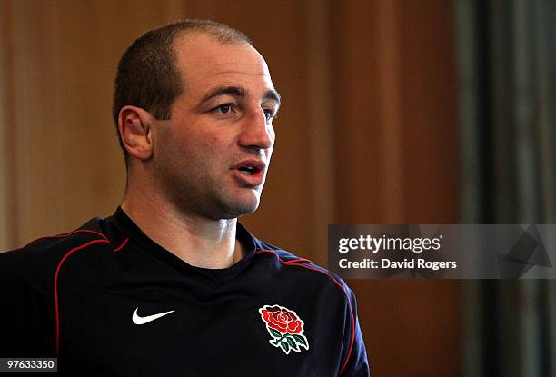 Steve Borthwick, the England captain faces the media at a conference held at Pennyhill Park on March 11, 2010 in Bagshot, England.