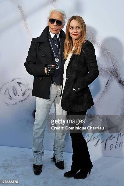 Karl Lagerfeld and Vanessa Paradis attend the Chanel Ready to Wear show as part of the Paris Womenswear Fashion Week Fall/Winter 2011 at Grand Palais...