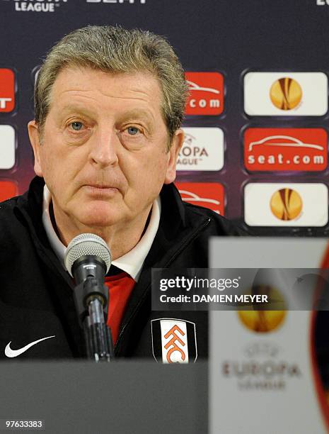 Fulham's manager Roy Hodgson gives a press conference at Juventus football club headquarters on March 10, 2010 in Vinovo, west of Turin, on the eve...