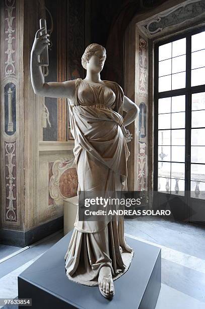 Statue is exhibited during the presentation to the press of "L'Eta della conquista. Il fascino dell'arte Greca a Roma" at the Capitoline museums on...