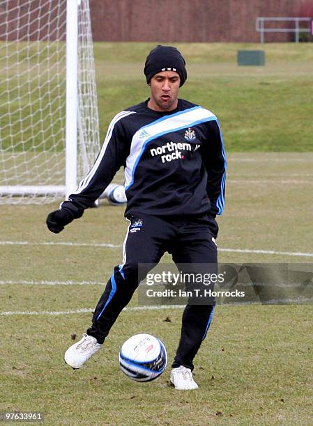 Wayne Routledge of Newcastle in action during a Newcastle United training session at the Little Benton training ground on March 11, 2010 in Newcastle...