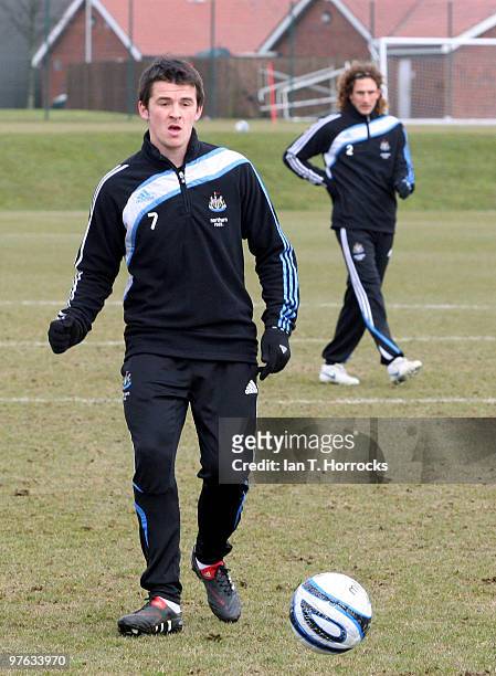 Joey Barton of Newcastle in action during a Newcastle United training session at the Little Benton training ground on March 11, 2010 in Newcastle...