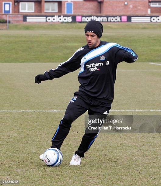 Wayne Routledge of Newcastle in action during a Newcastle United training session at the Little Benton training ground on March 11, 2010 in Newcastle...