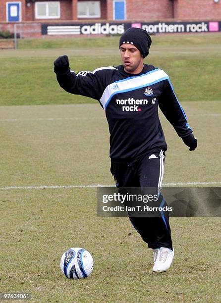 Wayne Routledge of Newcastle in action during a Newcastle United training session at the Little Benton training ground on March 11, 2010 in Newcastle...