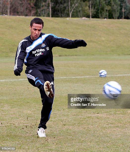 Wayne Routledge of Newcastle in action during a Newcastle United training session at the Little Benton training ground on March 11, 2010 in Newcastle...