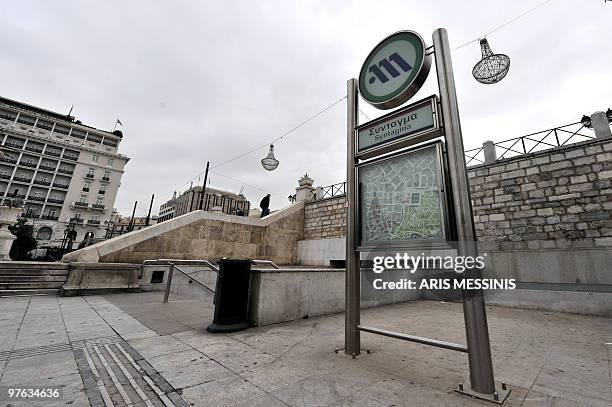 The sign of the main underground station in Syntagms square is pictured in central Athens on March 11 2010, during the 24-hours general strike to...