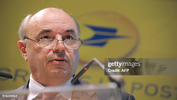 The CEO of the French state-run postal service, La Poste, Jean-Paul Bailly, gives a press conference on March 11, 2010 in Paris to present the 2009...