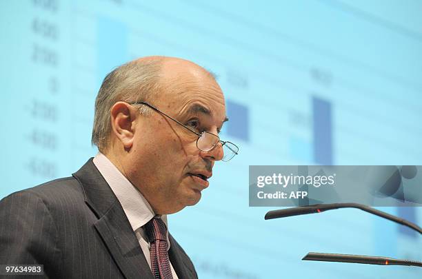 The CEO of the French state-run postal service, La Poste, Jean-Paul Bailly, gives a press conference on March 11, 2010 in Paris to present the 2009...