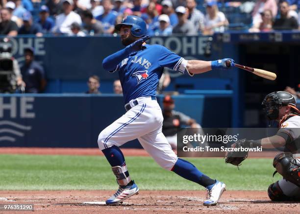 Kevin Pillar of the Toronto Blue Jays bats in the first inning during MLB game action against the Baltimore Orioles at Rogers Centre on June 10, 2018...