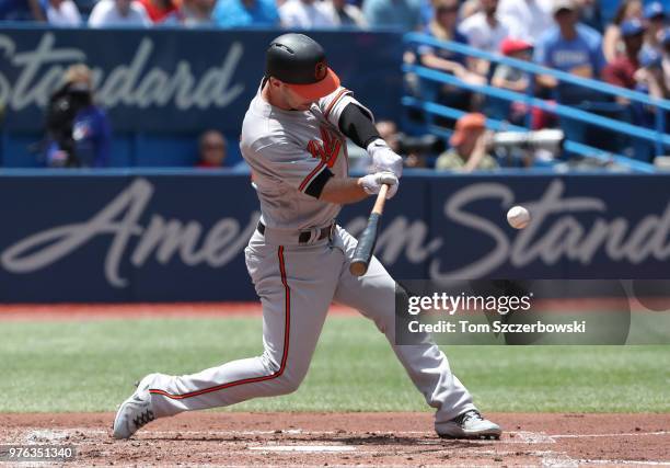 Joey Rickard of the Baltimore Orioles bats in the second inning during MLB game action against the Toronto Blue Jays at Rogers Centre on June 10,...