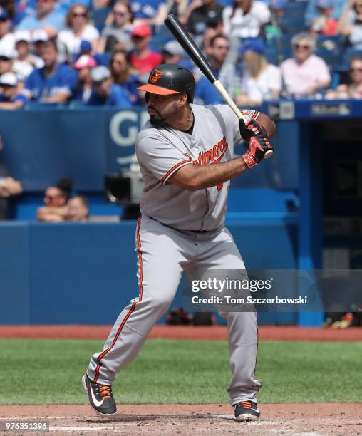 Pedro Alvarez of the Baltimore Orioles bats in the seventh inning during MLB game action against the Toronto Blue Jays at Rogers Centre on June 10,...