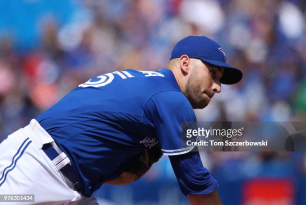 Marco Estrada of the Toronto Blue Jays delivers a pitch in the seventh inning during MLB game action against the Baltimore Orioles at Rogers Centre...